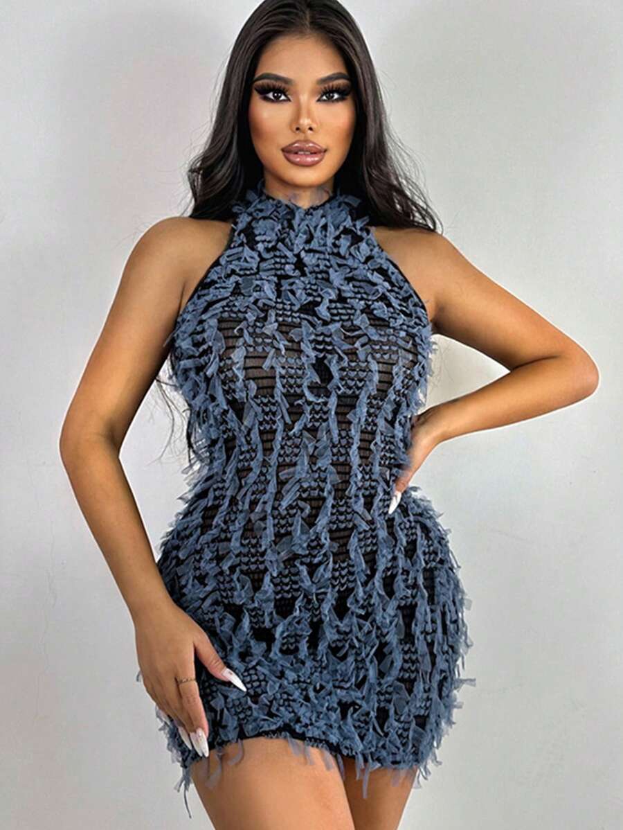 MIDNIGHT FEATHER HALTER DRESS